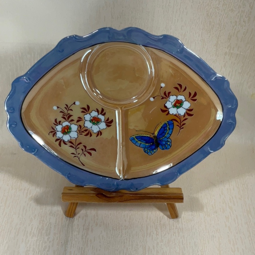 Japanese Lusterware divided serving plate Hand Painted Floral Butterfly